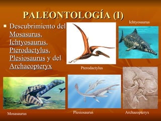 PALEONTOLOGÍA (I) Descubrimiento del  Mosasurus ,  Ichtyosaurus ,  Pterodactylus ,  Plesiosaurus  y del  Archaeopteryx Mosasaurus Plesiosaurus Archaeopteryx Pterodactylus Ichtyosaurus 