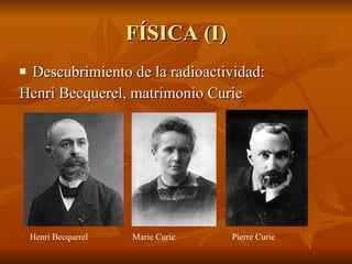 FÍSICA (I) Descubrimiento de la radioactividad: Henri Becquerel, matrimonio Curie Henri Becquerel Marie Curie Pierre Curie 