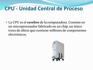 CPU - Unidad Central de ProcesoLa CPU es el cerebro de la computadora. Consiste en un microprocesador fabricado en un chip, un único trozo de silicio que contiene millones de componentes electrónicos.