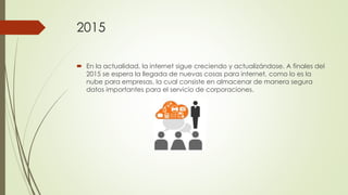 2015
 En la actualidad, la internet sigue creciendo y actualizándose. A finales del
2015 se espera la llegada de nuevas cosas para internet, como lo es la
nube para empresas, la cual consiste en almacenar de manera segura
datos importantes para el servicio de corporaciones.
 