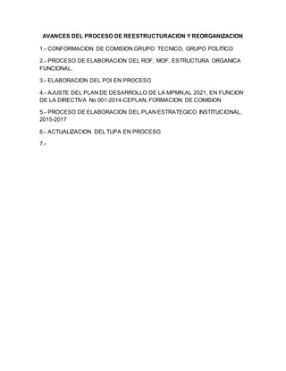 AVANCES DEL PROCESO DE REESTRUCTURACION Y REORGANIZACION
1.- CONFORMACION DE COMISION.GRUPO TECNICO, GRUPO POLITICO
2.- PROCESO DE ELABORACION DEL ROF, MOF, ESTRUCTURA ORGANICA
FUNCIONAL.
3.- ELABORACION DEL POI EN PROCESO
4.- AJUSTE DEL PLAN DE DESARROLLO DE LA MPMN,AL 2021, EN FUNCION
DE LA DIRECTIVA No 001-2014-CEPLAN, FORMACION DE COMISION
5.- PROCESO DE ELABORACION DEL PLAN ESTRATEGICO INSTITUCIONAL,
2015-2017
6.- ACTUALIZACION DEL TUPA EN PROCESO
7.-
 