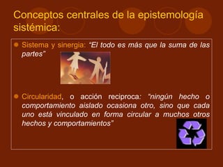 Conceptos centrales de la epistemología
sistémica:
 Sistema y sinergia: “El todo es más que la suma de las
partes”
 Circularidad, o acción reciproca: “ningún hecho o
comportamiento aislado ocasiona otro, sino que cada
uno está vinculado en forma circular a muchos otros
hechos y comportamientos”
 