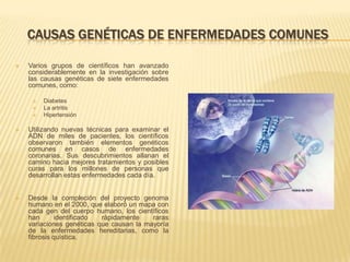 CAUSAS GENÉTICAS DE ENFERMEDADES COMUNES Varios grupos de científicos han avanzado considerablemente en la investigación sobre las causas genéticas de siete enfermedades comunes, como: 
