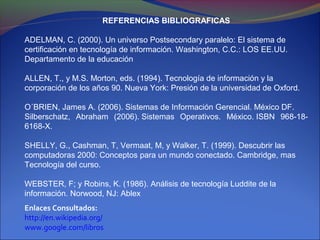 REFERENCIAS BIBLIOGRAFICAS

ADELMAN, C. (2000). Un universo Postsecondary paralelo: El sistema de
certificación en tecnología de información. Washington, C.C.: LOS EE.UU.
Departamento de la educación

ALLEN, T., y M.S. Morton, eds. (1994). Tecnología de información y la
corporación de los años 90. Nueva York: Presión de la universidad de Oxford.

O´BRIEN, James A. (2006). Sistemas de Información Gerencial. México DF.
Silberschatz, Abraham (2006). Sistemas Operativos. México. ISBN 968-18-
6168-X.

SHELLY, G., Cashman, T, Vermaat, M, y Walker, T. (1999). Descubrir las
computadoras 2000: Conceptos para un mundo conectado. Cambridge, mas
Tecnología del curso.

WEBSTER, F; y Robins, K. (1986). Análisis de tecnología Luddite de la
información. Norwood, NJ: Ablex
Enlaces Consultados:
http://en.wikipedia.org/
www.google.com/libros
 