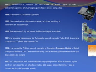 1987:   Introducción al   mercado   de    una   Cinta   de   Audio    Digital,   o   DAT   ,
este sistema permite efectuar copias perfectas de discos compactos-


1988- Se crea el SO (Sistema Operativo)


1989: Se crea el primer cliente web la www y el primer servido y la
Televisión en alta definición.


1990 Sale Windows 3.0 y las ventas de Microsoft llegan a un billón.


1991: la empresa patrocinante de Turbografx saca al mercado Turbo DUO la primera
consola con CD-ROM y lectores de CD


1992: La compañía Phillips saca al mercado el Cassette Compacta Digital o Digital
Compact Cassette o DCC. El mismo año Sony crea el Minidisc ganando este ultimo por
bajos costos de compra


1993: La Corporacion Intel comercializa los chip para pentium. Nace el termino Spam
por Furr, para describir un articulo enviado a 200 grupos accidentalmente, y sale la
primera version del buscador Mosaic
 