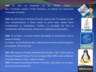 1994     El    GPS        es   introducido    en    los    Estados      Unidosr
Marc Andreessen ayudan a fundar Netscape y se eliminan las restricciones
comerciales de Internet


1995: MicroSoft lanza el Windows 95 primer sistema para PC basada en Intel.
Pixar AnimationStudios y Disney lanzan el primer largo metraje hecho
completamente en computadora,          ToyStory.   La tecnología del DVD es
estandarizada. Jeff Bezos funda Amazon.com y Netscape se lanza público.


1996: 23 de enero - La primera versión del lenguaje de programación Java es
puesto en libertad.
Lov Grover , en los laboratorios Bell , publicó la base de datos cuánticos algoritmo
de búsqueda . IRCnet se funda.


1997: IBM Trabaja en Prototipo Multimedia Info Windows - USA. INTEL Lanzo al
Mercado Procesador Pentium Pro con tecnología MMX. INTEL Lanzo al Mercado
Procesador Pentium II Xeon. Celeronm mobile.
1998: Es lanzado el procesador Pentium II 333 MHz, más rápido que el antiguo.
Microsoft lanza el Windows 98.
 
