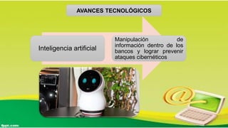 Inteligencia artificial
Manipulación de
información dentro de los
bancos y lograr prevenir
ataques cibernéticos
AVANCES TECNOLÓGICOS
 