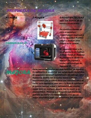 PROPUESTA DE MEJORA
NOMBRE IMAGEN CARACTERÍSTICAS
IMPRESORAS 3D
2002 - UN RIÑÓN 3D EN
FUNCIONAMIENTO
Los científicos diseñan un
riñón en miniatura
completamente funcional y
con la capacidad de filtrar
sangre y producir orina
diluida en un animal.
El desarrollo llevó a la
investigación en el Instituto
de Wake Forest de Medicina
Regenerativa el objetivo de
imprimir los órganos y
tejidos con tecnología de
impresión 3D.
MEJORA
Estas impresoras brindan una gran facilidad en cuanto a
la realización de productos que antiguamente necesitaban
de máquinas y personal especializado, sin embargo, estas
impresoras pueden caer en malas manos y por eso,
consideramos que se debería hacer una restricción antes de
vender estas impresoras para que a la hora de usarlas no
se puedan imprimir armas o instrumentos que puedan
causar daño de cualquier manera. Eso en cuanto a su
funcionalidad. Mientras que en cuanto a su diseño, me
gustaría que hubiera de varios tamaños para que así
fuesen adaptables según las necesidades del comprador.
 