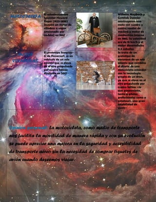 MOTOCICLETA
El estadounidense
Sylvester Howard
Roper (1823-1896)
inventó un motor de
cilindros a vapor
(accionado por
carbón) en 1867
Wilhelm Maybach y
Gottlieb Daimler
construyeron una
moto con cuadro y
cuatro ruedas de
madera y motor de
combustión interna
en 1885. Su velocidad
era de 18 km/h y el
motor desarrollaba
0,5 caballos
MOTOS
VOLADORAS
El prototipo Scorpion-
3, de Hoversurf, es un
vehículo de un solo
asiento que se eleva
en el aire propulsado
por cuatro hélices
diseñada en 2017
Se trata de un
prototipo de
aeronave de un solo
asiento que combina
el diseño de una
motocicleta estándar
con la tecnología
propia de un dron,
ya que se eleva en el
aire propulsado por
cuatro hélices –lo
que proporciona,
tanto a pilotos
profesionales como a
amateurs, una gran
estabilidad de
vuelo–
Opinión personal: La motocicleta, como medio de transporte
nos facilita la movilidad de manera rápida y con su evolución
se puede apreciar una mejora en la seguridad y accesibilidad
de transporte aéreo sin la necesidad de comprar tiquetes de
avión cuando deseemos viajar.
 