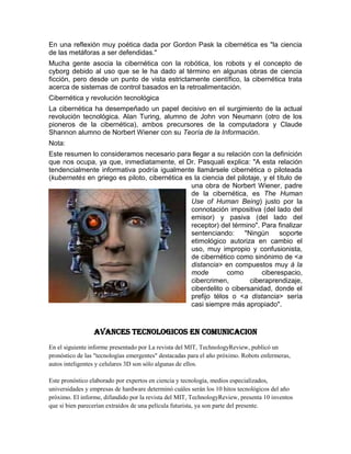 Avances tecnologicos en medicina, cibernetica y comunicacion | DOCX