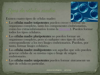 Existen cuatro tipos de células madre:
 Las células madre totipotentes pueden crecer y formar un
  organismo completo, tanto los componentes embrionarios,
  como los extraembrionarios (como la placenta). Pueden formar
  todos los tipos celulares.
 Las células madre pluripotentes no pueden formar un
  organismo completo, pero sí cualquier otro tipo de célula
  correspondiente a los tres linajes embrionarios. Pueden, por
  tanto, formar linajes celulares.
 Las células madre multipotentes son aquellas que sólo pueden
  generar células de su misma capa o linaje de origen
  embrionario.
 Las células madre unipotentes pueden formar únicamente un
  tipo de célula en particular.
                             avances tecnologicos   30/11/2011   7
 