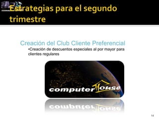 Creación del Club Cliente Preferencial
  •Creación de descuentos especiales al por mayor para
  clientes regulares




                                                         14
 
