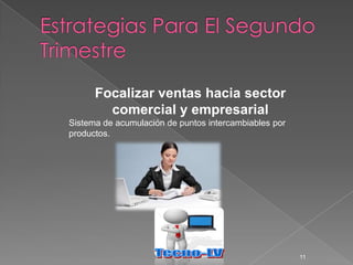 Focalizar ventas hacia sector
        comercial y empresarial
Sistema de acumulación de puntos intercambiables por
productos.




                                                       11
 