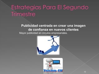 Publicidad centrada en crear una imagen
     de confianza en nuevos clientes
Mayor publicidad en círculos empresariales.




                                              12
 