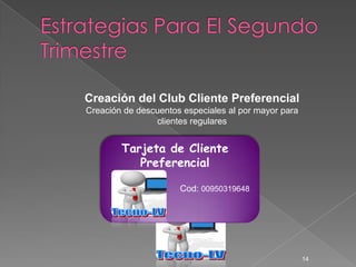 Creación del Club Cliente Preferencial
Creación de descuentos especiales al por mayor para
                clientes regulares


        Tarjeta de Cliente
           Preferencial

                      Cod: 00950319648




                                                      14
 