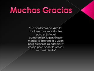 19




 “No perdamos de vista los
 factores más importantes
      para el éxito: el
 compromiso, la pasión por
marcar la diferencia y visión
para alcanzar los cambios y
coraje para poner las cosas
      en movimiento”
 