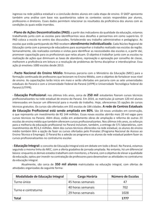 ingresso na rede pública estadual e a conclusão destes alunos em cada etapa de ensino. O SAEP apresenta
também uma análise com base nos questionários sobre os contextos sociais respondidos por alunos,
professores e diretores. Esses dados permitem relacionar os resultados da proficiência dos alunos com as
condições às quais estão inseridos.
- Plano de Ações Descentralizadas (PAD): a partir dos indicadores da qualidade da educação, estamos
trabalhando junto com as escolas para identificarmos seus desafios e pensarmos em como superá-los. O
PAD coloca a escola no centro das discussões, fortalecendo seu trabalho administrativo e pedagógico. As
escolas que estão participando do PAD recebem atendimento individualizado. Cada Núcleo Regional de
Educação conta com a presença de educadores para acompanhar o trabalho realizado nas escolas da região.
Semanalmente, são realizados contatos e visitas para identificar as necessidades das escolas e, a partir daí,
promover capacitação para os profissionais que nelas atuam. O objetivo é trabalhar junto com as escolas na
realização de ações que diminuam as taxas de abandono, reprovação e aprovação por conselho de classe,
melhorem a proficiência em leitura e a resolução de problemas de forma disciplinar e interdisciplinar. Essa
ação já envolveu 1000 escolas desde 2013.
- Pacto Nacional do Ensino Médio: firmamos parceria com o Ministério da Educação (MEC) para a
formação continuada de professores que lecionam no Ensino Médio, com o objetivo de fortalecer esse nível
de ensino. As capacitações terão início em maio e serão ofertadas em parceria com as sete universidades
estaduais do Paraná e com a Universidade Federal do Paraná (UFPR) e Universidade Tecnológica Federal do
Paraná (UTFPR).
- Educação Profissional: nos últimos três anos, cerca de 250 mil estudantes fizeram cursos técnicos
profissionalizantes na rede estadual de ensino do Paraná. Em 2014, as matrículas já somam 120 mil alunos
interessados em buscar um diferencial para o mundo do trabalho. Hoje, oferecemos 55 opções de cursos
técnicos gratuitos. Os cursos são ofertados em 355 escolas de 184 cidades. A rede de Centros Estaduais
de Educação Profissional está sendo ampliada em 80%. São 18 novas unidades em construção,
o que representa um investimento de R$ 144 milhões. Essas novas escolas abrirão mais 20 mil vagas para
cursos técnicos no Paraná. Além disso, estão em andamento obras de ampliação e reforma de outras 23
escolas de ensino médio que também oferecem cursos profissionalizantes. Nos últimos três anos, os esforços
para a melhoria da educação profissional no Paraná incluíram, também, a entrega de 571 laboratórios, com
investimentos de R$ 6,3 milhões. Além dos cursos técnicos oferecidos na rede estadual, os alunos do ensino
médio também têm a opção de fazer os cursos ofertados pelo Pronatec (Programa Nacional de Acesso ao
Ensino Técnico e Emprego). O Paraná fez a adesão ao programa e os alunos da rede estadual podem fazer os
cursos profissionalizantes no contraturno escolar.
- Educação Integral: o conceito de Educação Integral está em debate em todo o Brasil. No Paraná, estamos
seguindo a mesma linha do MEC, com a oferta gradativa de jornada ampliada. No entanto, há um diferencial
básico: enquanto os demais estados trabalham com monitores,o Paraná, com o objetivo de elevar a qualidade
da educação, optou por investir na contratação de professores para desenvolver as atividades no contraturno
da educação integral.
	 Atualmente, são cerca de 350 mil alunos matriculados na educação integral, com ofertas de
atividades organizadas da seguinte forma:
Modalidade de Educação Integral Carga Horária Número de Escolas
Turno único 45 horas semanais 47
Turno e contraturno
40 horas semanais 702
29 horas semanais 1028
Total 1777
 