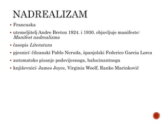  Francuska
 utemeljitelj Andre Breton 1924. i 1930. objavljuje manifeste:
Manifest nadrealizma
 časopis Literatura
 pjesnici: čileanski Pablo Neruda, španjolski Federico Garcia Lorca
 automatsko pisanje podsvijesnoga, halucinantnoga
 književnici: James Joyce, Virginia Woolf, Ranko Marinković
 
