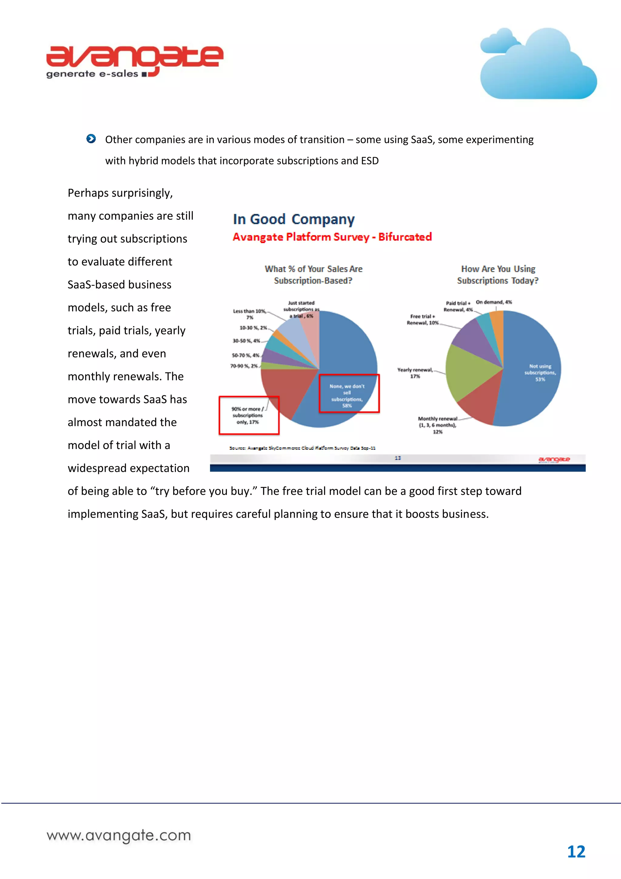Other companies are in various modes of transition – some using SaaS, some experimenting
        with hybrid models that incorporate subscriptions and ESD

Perhaps surprisingly,
many companies are still
trying out subscriptions
to evaluate different
SaaS-based business
models, such as free
trials, paid trials, yearly
renewals, and even
monthly renewals. The
move towards SaaS has
almost mandated the
model of trial with a
widespread expectation
of being able to “try before you buy.” The free trial model can be a good first step toward
implementing SaaS, but requires careful planning to ensure that it boosts business.




                                                                                                   12
 