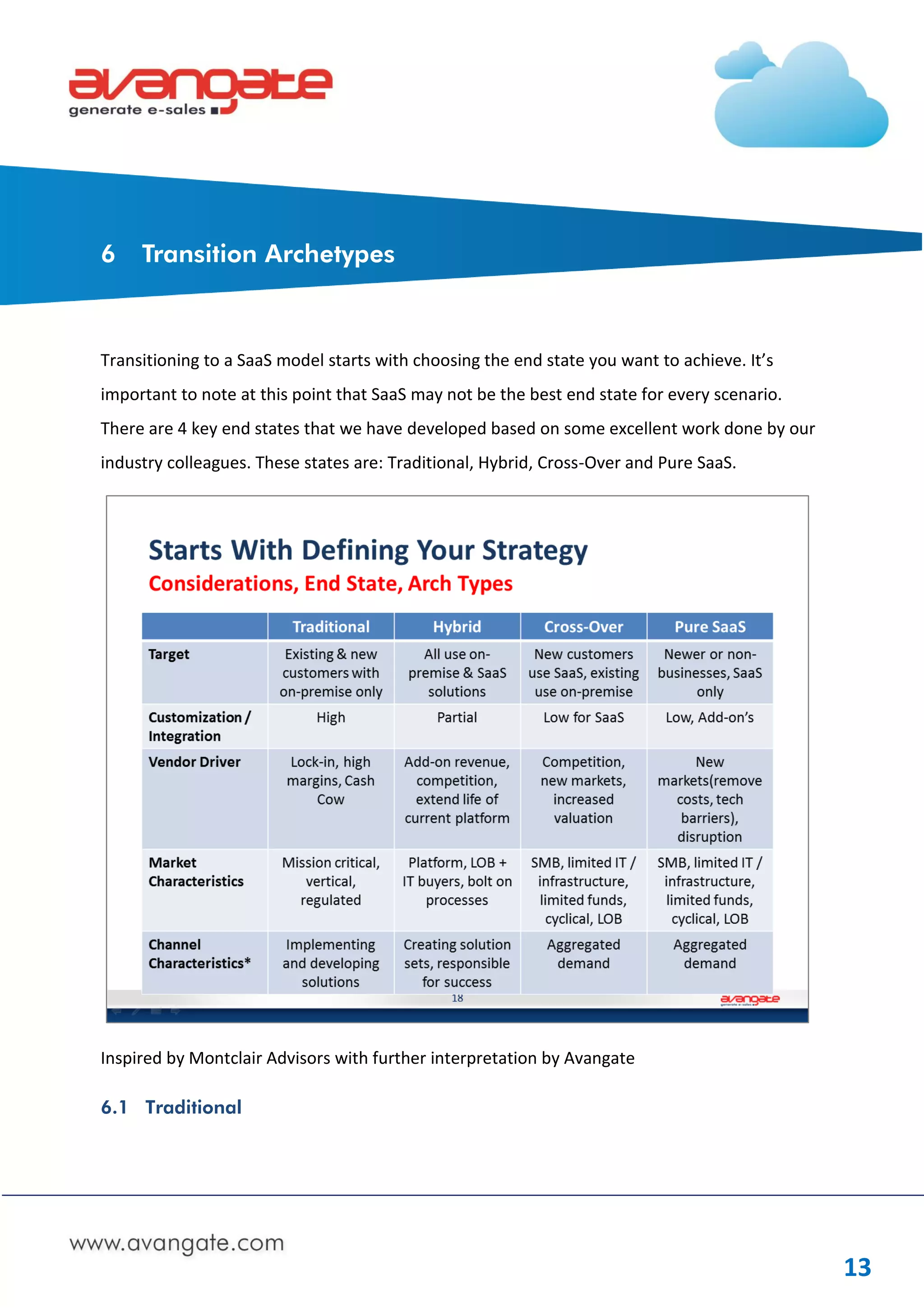 6    Transition Archetypes



Transitioning to a SaaS model starts with choosing the end state you want to achieve. It’s
important to note at this point that SaaS may not be the best end state for every scenario.
There are 4 key end states that we have developed based on some excellent work done by our
industry colleagues. These states are: Traditional, Hybrid, Cross-Over and Pure SaaS.




Inspired by Montclair Advisors with further interpretation by Avangate

6.1 Traditional




                                                                                              13
 