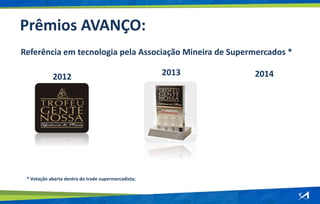 Prêmios AVANÇO:
Referência em tecnologia pela Associação Mineira de Supermercados *
2012 2013 2014
* Votação aberta dentro do trade supermercadista;
 