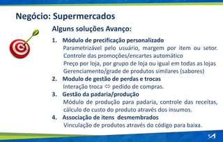 Negócio: Supermercados
Alguns soluções Avanço:
1. Módulo de precificação personalizado
Parametrizável pelo usuário, margem por item ou setor.
Controle das promoções/encartes automático
Preço por loja, por grupo de loja ou igual em todas as lojas
Gerenciamento/grade de produtos similares (sabores)
2. Modulo de gestão de perdas e trocas
Interação troca  pedido de compras.
3. Gestão da padaria/produção
Módulo de produção para padaria, controle das receitas,
cálculo do custo do produto através dos insumos.
4. Associação de itens desmembrados
Vinculação de produtos através do código para baixa.
 