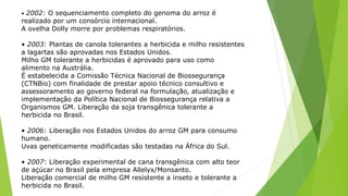 • 2002: O sequenciamento completo do genoma do arroz é
realizado por um consórcio internacional.
A ovelha Dolly morre por problemas respiratórios.
• 2003: Plantas de canola tolerantes a herbicida e milho resistentes
a lagartas são aprovadas nos Estados Unidos.
Milho GM tolerante a herbicidas é aprovado para uso como
alimento na Austrália.
É estabelecida a Comissão Técnica Nacional de Biossegurança
(CTNBio) com finalidade de prestar apoio técnico consultivo e
assessoramento ao governo federal na formulação, atualização e
implementação da Política Nacional de Biossegurança relativa a
Organismos GM. Liberação da soja transgênica tolerante a
herbicida no Brasil.
• 2006: Liberação nos Estados Unidos do arroz GM para consumo
humano.
Uvas geneticamente modificadas são testadas na África do Sul.
• 2007: Liberação experimental de cana transgênica com alto teor
de açúcar no Brasil pela empresa Allelyx/Monsanto.
Liberação comercial de milho GM resistente a inseto e tolerante a
herbicida no Brasil.
 