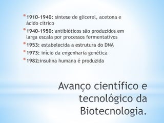 *1910-1940: síntese de glicerol, acetona e
ácido cítrico
*1940-1950: antibióticos são produzidos em
larga escala por processos fermentativos
*1953: estabelecida a estrutura do DNA
*1973: início da engenharia genética
*1982:insulina humana é produzida
 