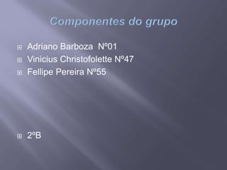  Adriano Barboza Nº01
 Vinicius Christofolette Nº47
 Fellipe Pereira Nº55
 2ºB
 
