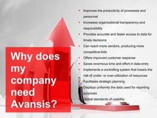 Why does
my
company
need
Avansis?
 Improves the productivity of processes and
personnel
 Increases organizational transparency and
responsibility
 Provides accurate and faster access to data for
timely decisions
 Can reach more vendors, producing more
competitive bids
 Offers improved customer response
 Saves enormous time and effort in data entry
 Implements a controlling system that lowers the
risk of under- or over-utilization of resources
 Facilitates strategic planning
 Displays uniformly the data used for reporting
purposes
 Global standards of usability
 