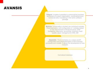 AVANSIS
9
Integral: it makes it possible to control all the business
processes of a given organization, coordinating every
functional area. Everything in the same software
package
Modular: functionality is divided into individual modules.
Parameterization and configuration of modules based
on the requirements of those functions. ERP
(budgeting, payments, accounting, inventory, fixed
assets, asset management),CRM, DM
Adaptable: “Every company is a unique world”.
configuration and parameterization of the business
processes and models. It allows the development of new
modules.
Centralized database
 