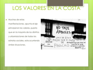 LOS VALORES EN LA COSTA
 Muchas de estas
manifestaciones, apunta el eje
principal en los valores, puesto
que en la mayoría de los distritos
y urbanizaciones de todos los
estratos sociales, esta ocurriendo
similar situaciones.
 