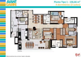 Planta Tipo 1 - 136,66 m²
                                                              4 dormitórios (2 suítes)




Material preliminar de uso interno. Sujeito a alterações.
 