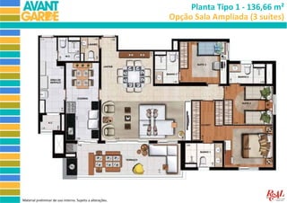 Planta Tipo 1 - 136,66 m²
                                                            Opção Sala Ampliada (3 suítes)




Material preliminar de uso interno. Sujeito a alterações.
 