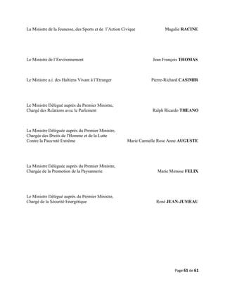 La Ministre de la Jeunesse, des Sports et de l’Action Civique Magalie RACINE
Le Ministre de l’Environnement Jean François THOMAS
Le Ministre a.i. des Haïtiens Vivant à l’Etranger Pierre-Richard CASIMIR
Le Ministre Délégué auprès du Premier Ministre,
Chargé des Relations avec le Parlement Ralph Ricardo THEANO
La Ministre Déléguée auprès du Premier Ministre,
Chargée des Droits de l'Homme et de la Lutte
Contre la Pauvreté Extrême Marie Carmelle Rose Anne AUGUSTE
La Ministre Déléguée auprès du Premier Ministre,
Chargée de la Promotion de la Paysannerie Marie Mimose FELIX
Le Ministre Délégué auprès du Premier Ministre,
Chargé de la Sécurité Energétique René JEAN-JUMEAU
Page 61 de 61
 