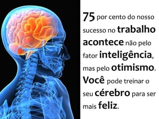 75 por cento do nosso
sucesso no trabalho

acontece não pelo
fator inteligência,
mas pelo otimismo.
Você pode treinar o
seu cérebro para ser
mais feliz.

 
