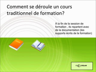 Comment se déroule un cours traditionnel de formation? À la fin de la session de formation , ils repartent avec de la documentation (les supports écrits de la formation) 