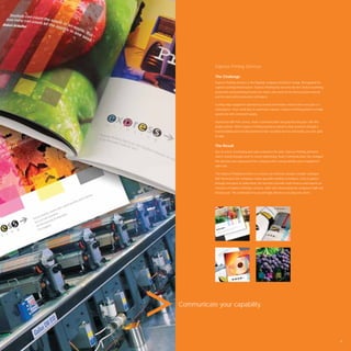 Express Printing Services

            The Challenge
            Express Printing Services is the ﬂagship company of Express Group. Recognised for
            superior printing infrastructure, Express Printing has become the ﬁrst choice in printing,
            production and publishing houses for clients who insist on the ﬁnest printed material
            and the latest print production techniques.

            Cutting-edge equipment operated by trained technicians ensures that every job is a
            masterpiece. From small jobs to enormous volumes, Express Printing performs at high
            speed and with consistent quality.

            Impressed with their service, Avant Communication has placed many jobs with this
            distinct printer. When Express Printing wanted to advance their business through a
            brand building exercise that promoted their excellent service and facility, we were glad
            to help.


            The Result
            Due to a lack of branding and sales material in the past, Express Printing attracted
            clients mostly through word-of-mouth advertising. Avant Communication has changed
            this and has now empowered the company with a strong identity and a magniﬁcent
            sales tool.

            The Express Printing brochure is a concise yet extensive product sample catalogue
            that showcases the company’s many specialist printing techniques. Easy to glance
            through and quick to understand, the brochure provides both novices and experts an
            overview of Express Printing’s services, while also showcasing the company’s high-end
            infrastructure. The combination has proved highly effective in securing new clients.




Communicate your capability.




                                                                                                         75
 