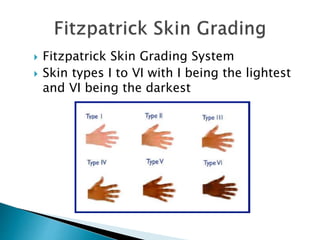  Fitzpatrick Skin Grading System
 Skin types I to VI with I being the lightest
and VI being the darkest
 