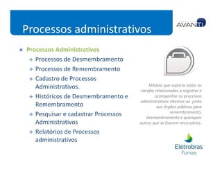 Processos administrativos
Processos Administrativos
   Processos de Desmembramento
   Processos de Remembramento
   Cadastro de Processos
   Administrativos.                       Módulo que suporta todas as
                                      tarefas relacionadas a registrar e
   Históricos de Desmembramento e             acompanhar os processos
                                     administrativos internos ou junto
   Remembramento                               aos órgãos públicos para
                                                      remembramento,
   Pesquisar e cadastrar Processos       desmembramento e quaisquer
   Administrativos                   outros que se fizerem necessários.

   Relatórios de Processos
   administrativos
 