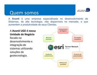 Quem somos
A Avanti é uma empresa especializada no desenvolvimento de
Sistemas, de alta tecnologia, não disponíveis no mercado, e que
aumentem a produtividade de seus Clientes.
                                           Conhecimento
 A Avanti UGE é nossa                       do Negócio

 Unidade de Negócio
 focada no                   Recursos
                             Humanos
                                                           Tecnologias
                                                           inovadoras
 desenvolvimento e
 integração de
 sistemas utilizando
 soluções de
                              Gestão do                    Aumento de
 geotecnologia.             conhecimento                  produtividade



                                            Melhoria de
                                             qualidade
 