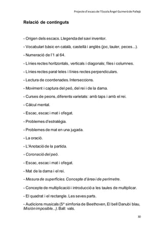 Projecte d’escacsde l’EscolaÀngel Guimeràde Pallejà
30
Relació de continguts
- Origen dels escacs.Llegendadel savi inventor.
- Vocabulari bàsic en català, castellà i anglès (joc, tauler, peces...).
- Numeració de l’1 al 64.
- Línies rectes horitzontals, verticals i diagonals; files i columnes.
- Línies rectes paral·leles i línies rectes perpendiculars.
- Lectura de coordenades.Interseccions.
- Moviment i captura del peó, del rei i de la dama.
- Curses de peons,diferents varietats: amb taps i amb el rei.
- Càlcul mental.
- Escac, escac i mat i ofegat.
- Problemes d'estratègia.
- Problemes de mat en una jugada.
- La oració.
- L'Anotació de la partida.
- Coronació del peó.
- Escac, escac i mat i ofegat.
- Mat de la dama i el rei.
- Mesura de superfícies.Concepte d’àrea i de perímetre.
- Concepte de multiplicació i introducció a les taules de multiplicar.
- El quadrat i el rectangle. Les seves parts.
- Audicions musicals (5a
simfonia de Beethoven,El bell Danubi blau,
Misiónimposible...).Ball: vals.
 