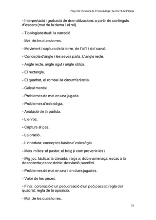Projecte d’escacsde l’EscolaÀngel Guimeràde Pallejà
31
- Interpretació i grabació de dramatitzacions a partir de continguts
d'escacs(mat de la dama i el rei).
- Tipologiatextual: la narració.
- Mat de les dues torres.
- Moviment i captura de la torre, de l’alfil i del cavall.
- Concepte d'angle i les seves parts. L'angle recte.
- Angle recte, angle agut i angle obtús.
- El rectangle.
- El quadrat, el rombe i la circumferència.
- Càlcul mental.
- Problemes de mat en una jugada.
- Problemes d'estratègia.
- Anotació de la partida.
- L’enroc.
- Captura al pas.
- La oració.
- L’obertura: conceptesbàsics d’estratègia.
- Mats mítics:el pastor, el boig (i com prevenir-los)
- Mig joc, tàctica: la clavada; raigs x; doble amenaça; escac a la
descoberta;escac doble;desviació;sacrifici.
- Problemes de mat en una i en dues jugades.
- Valor de les peces.
- Final: coronació d’un peó,creació d’un peó passat; regla del
quadrat; regla de la oposició.
- Mat de les dues torres.
 