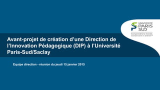 Equipe direction - réunion du jeudi 15 janvier 2015
Avant-projet de création d’une Direction de
l’Innovation Pédagogique (DIP) à l’Université
Paris-Sud/Saclay
 