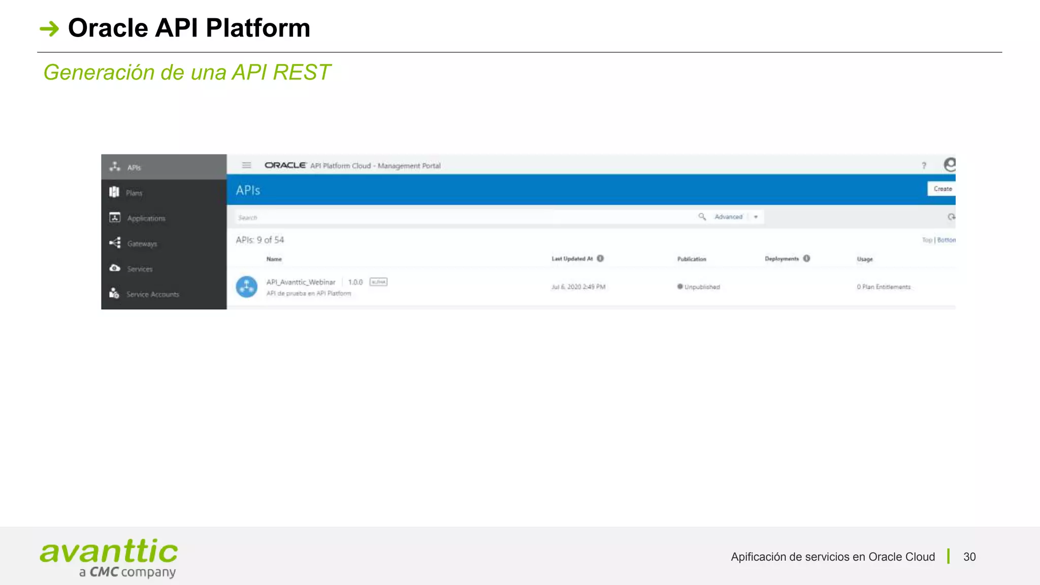 Apificación de servicios en Oracle Cloud 30
Generación de una API REST
Oracle API Platform
 