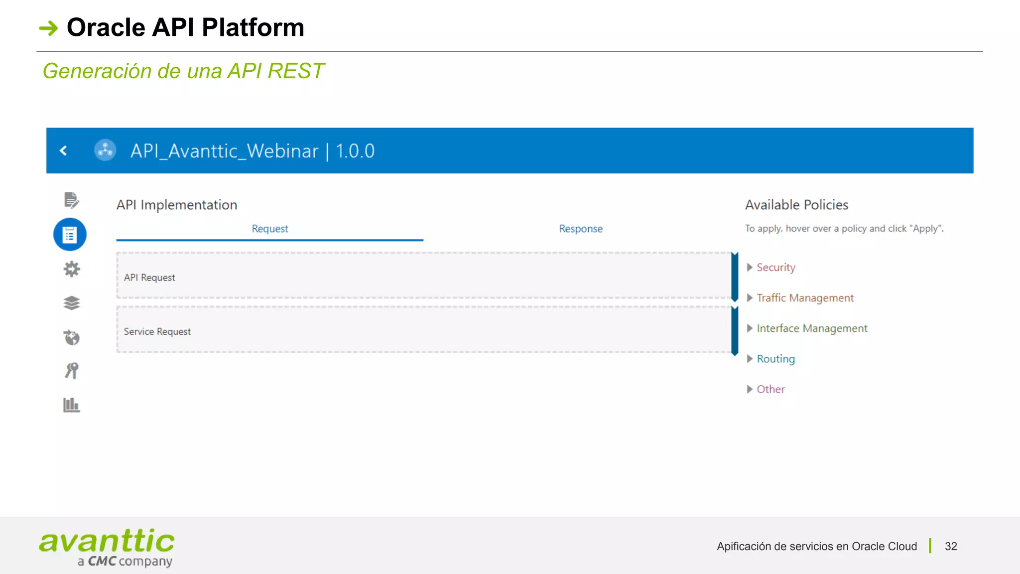 Apificación de servicios en Oracle Cloud 32
Generación de una API REST
Oracle API Platform
 