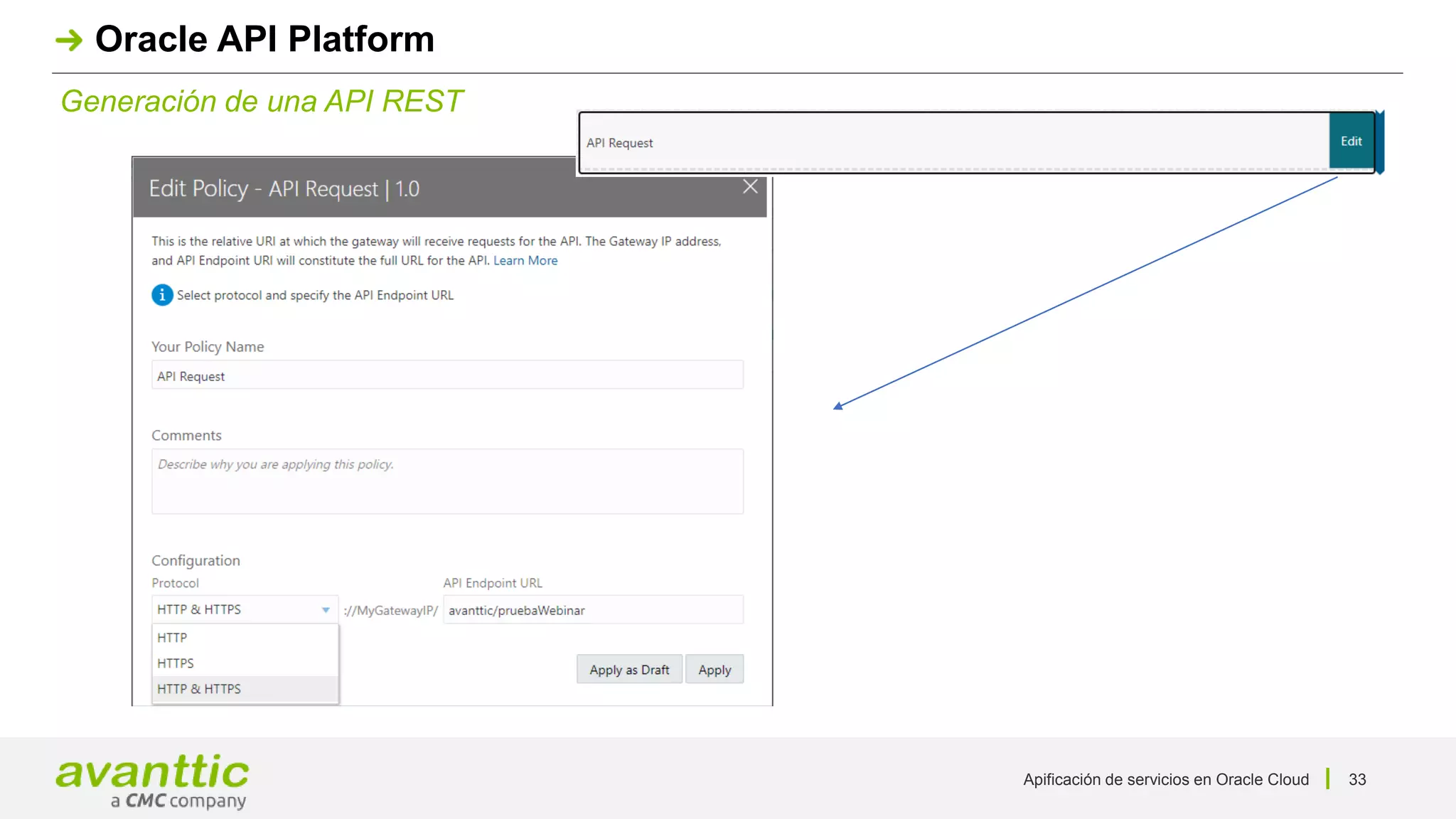Apificación de servicios en Oracle Cloud 33
Generación de una API REST
Oracle API Platform
 