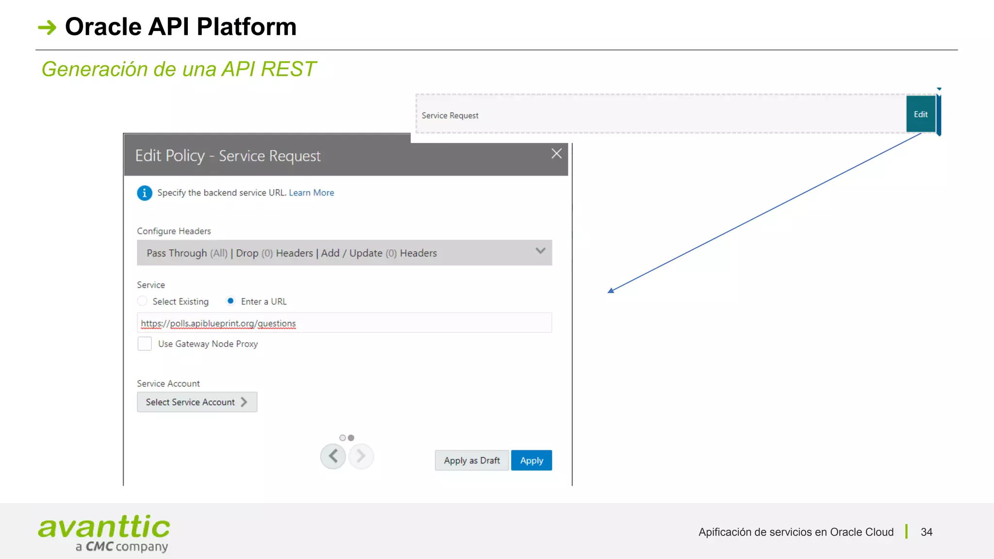 Apificación de servicios en Oracle Cloud 34
Generación de una API REST
Oracle API Platform
 