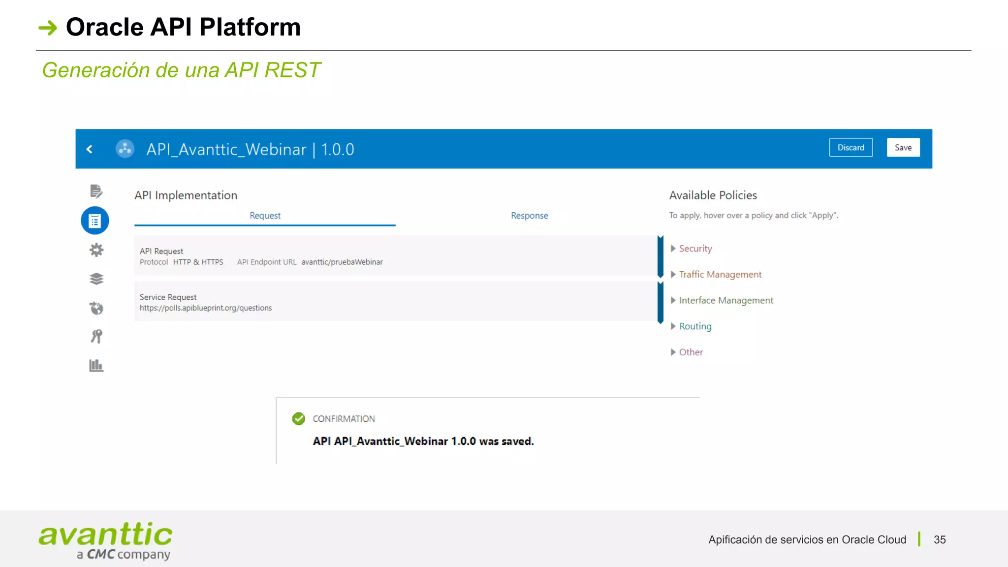 Apificación de servicios en Oracle Cloud 35
Generación de una API REST
Oracle API Platform
 