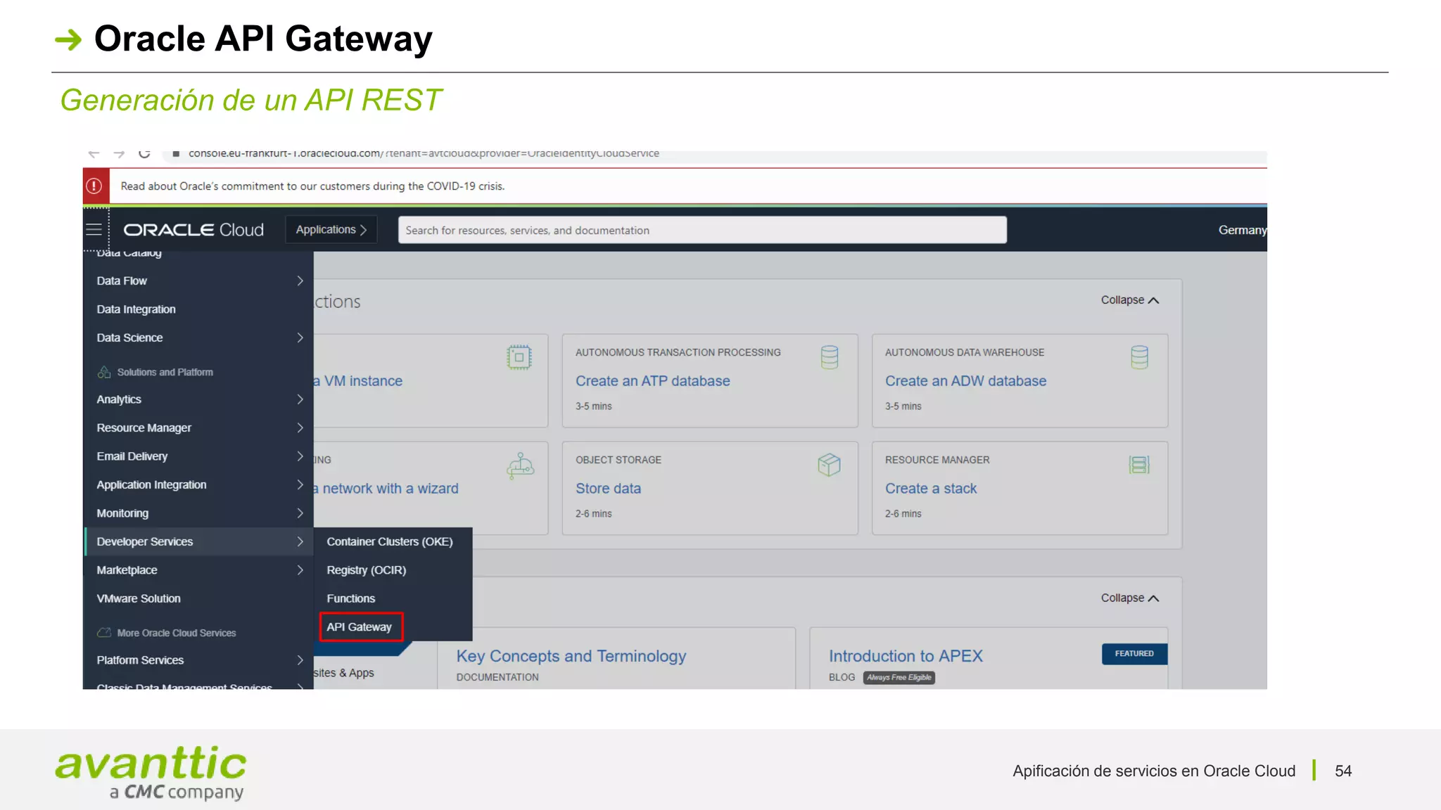 Apificación de servicios en Oracle Cloud 54
Generación de un API REST
Oracle API Gateway
 